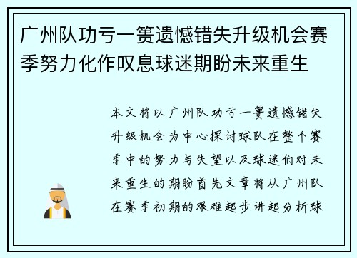 广州队功亏一篑遗憾错失升级机会赛季努力化作叹息球迷期盼未来重生